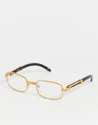 Asos Design Rectangle Clear Lens Glasses With Gold Arm Detail