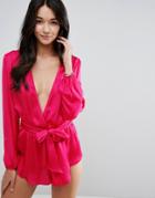 Asos Satin Beach Romper With Plunge Neck And Long Sleeves - Pink