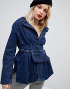 Asos Design Denim Fitted Jacket With Removable Bag Detail - Blue