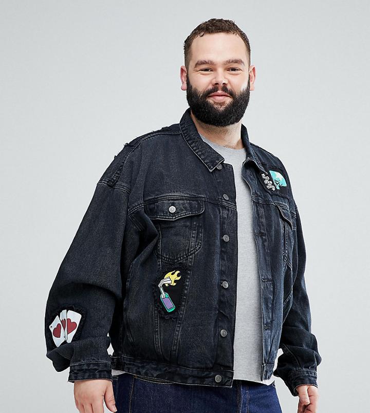 Asos Plus Oversized Denim Jacket In Black With Patches - Black