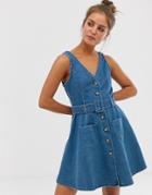 Asos Design Denim Skater Button Through Dress With Belt In Blue