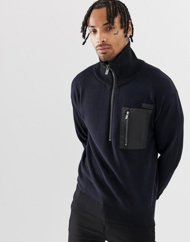 Hugo Sdouble Quarter Zip Knitted Overhead Sweater In Navy - Navy