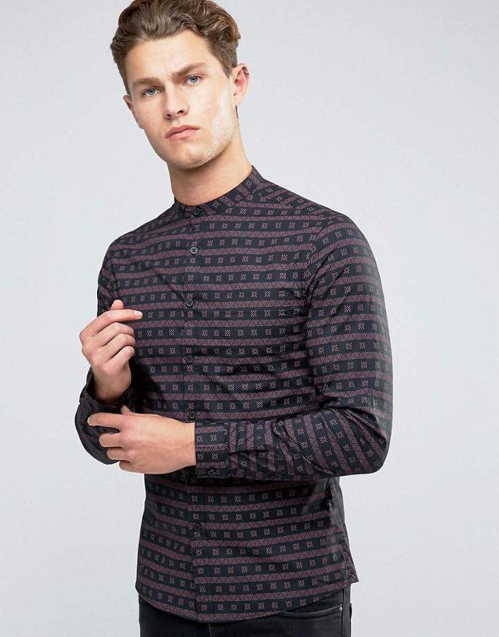 Asos Skinny Printed Shirt With Grandad Collar In Black - Black
