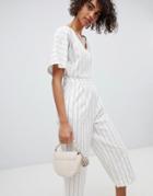 Neon Rose Jumpsuit In Woven Stripe With Tassel Ties - Cream