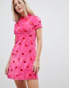 Lazy Oaf Valentines High Neck Heart Embroidered Dress - Pink