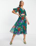 Asos Design Wrap Around Pleated Midi Dress In Green Floral Print-multi