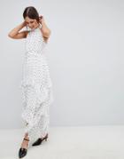 Asos Design Premium Spot High Neck Ruffle Maxi Dress-multi