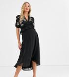 Hope & Ivy Maternity Floral Embroidered Midi Dress With Tiered Skirt In Black