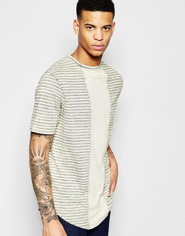 Pull & Bear Striped T-shirt With Curved Hem - Cream