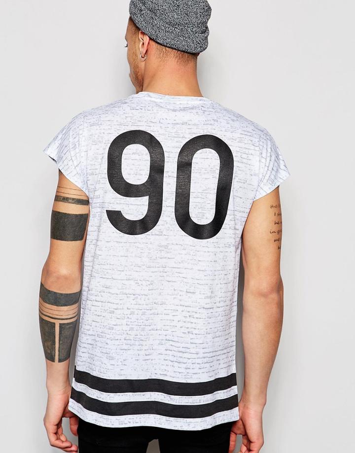 Asos Oversized Sleeveless T-shirt With Retro Print And Wash And Raw Edges - Gray