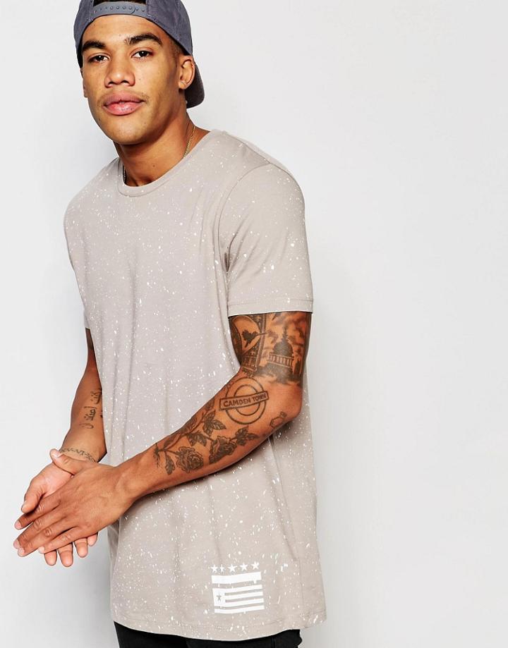 Asos Longline T-shirt With Splatter And Flag Print - Gray