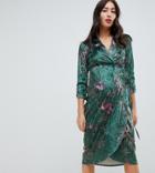 Hope & Ivy Maternity Long Sleeve Wrap Front Velvet Midi Dress In Bird Print-multi