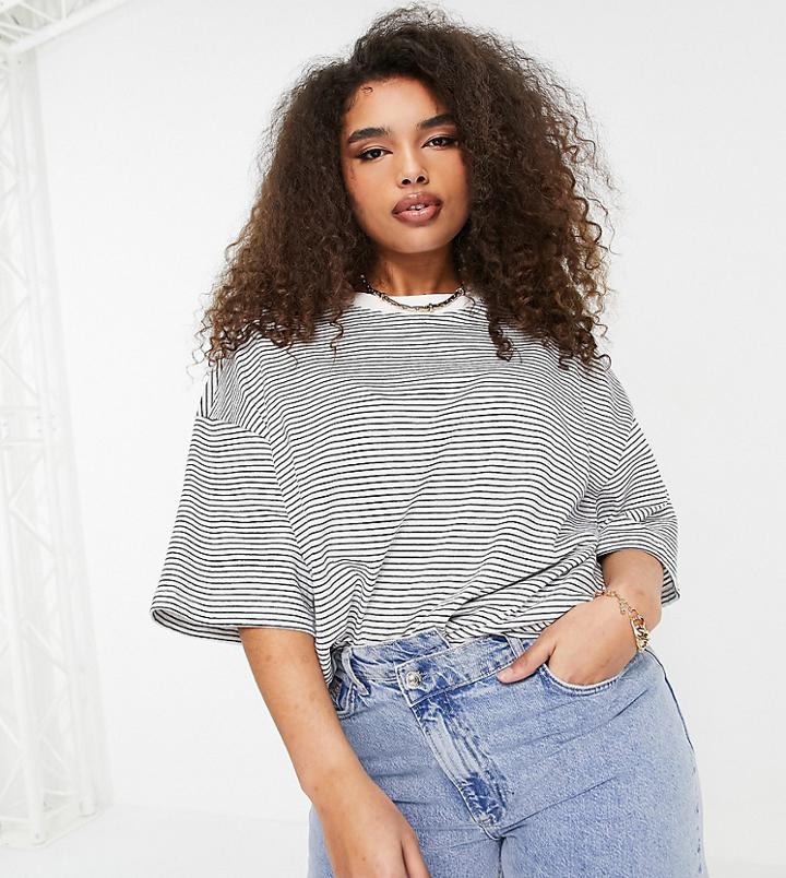 Asos Design Curve Oversized Boxy T-shirt In Textured Stripe In Ecru-white