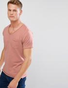 Brave Soul Basic Raw Edge V Neck T-shirt - Pink