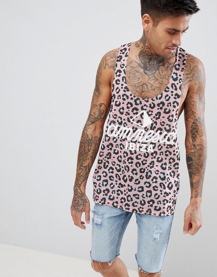 Asos Design Amnesia Ibiza Extreme Racer Back Tank With All Over Leopard Print - Pink
