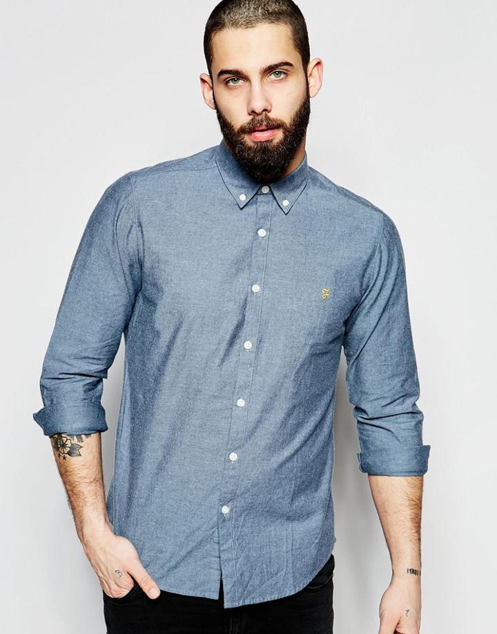 Farah Oxford Shirt With 2 Color Weave Slim Fit - Bluebell
