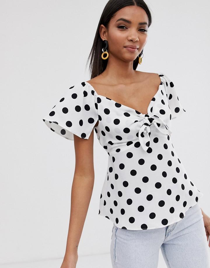 River Island Tie Front Top In Polka Dot-white