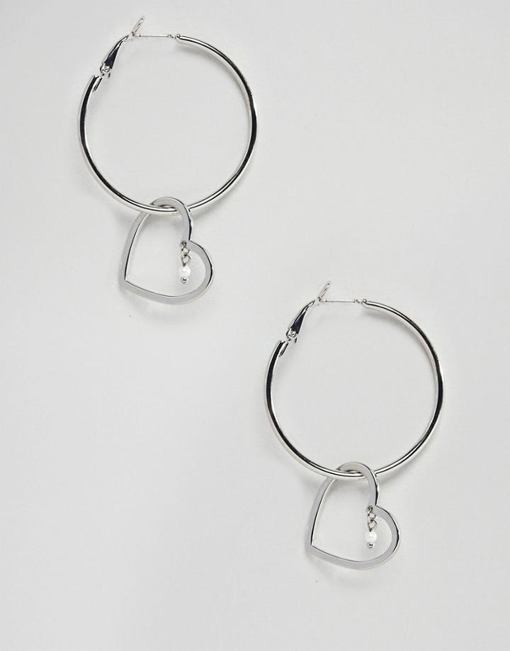 Johnny Loves Rosie Silver Heart Detail Hoop Earrings - Silver