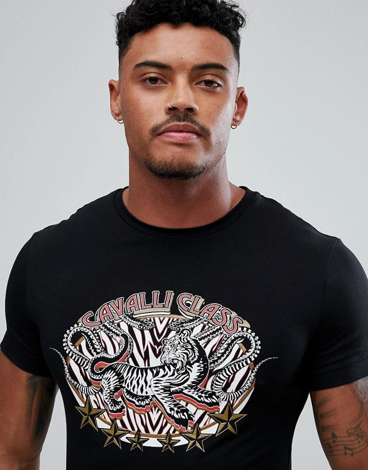 Cavalli Class T-shirt In Black With Tiger Print - Black