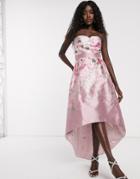 Chi Chi London Satin Midi Dress With Extreme High Low In Ombre Rose Print-pink