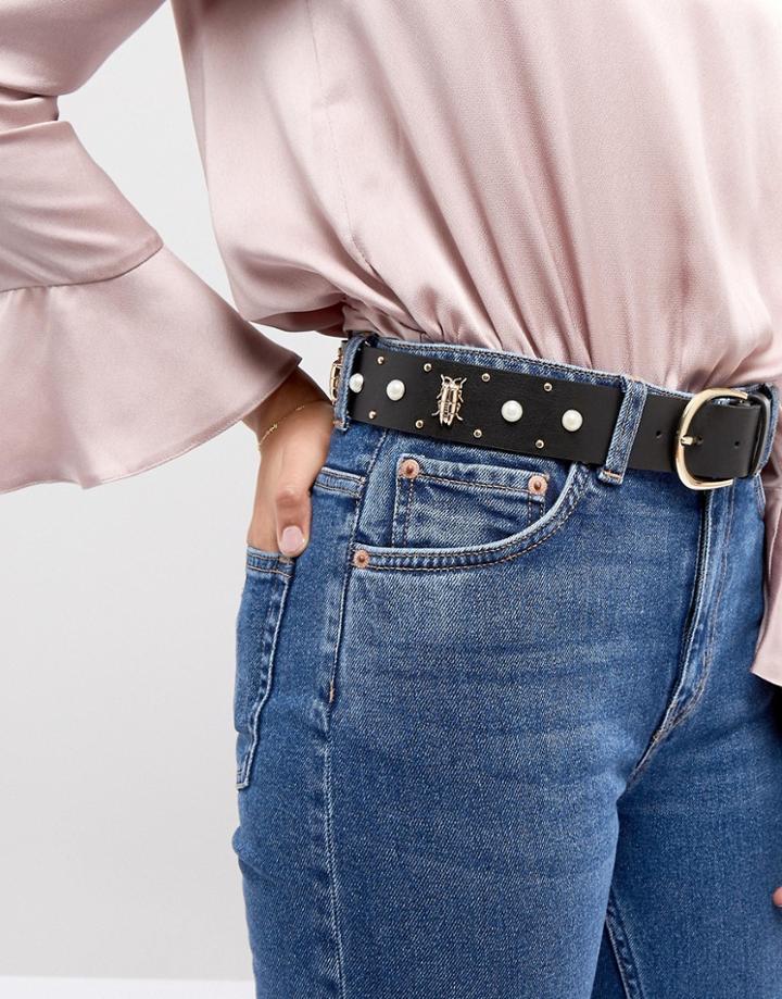 Asos Bug And Pearl Waist And Hip Belt Water Based Pu - Black