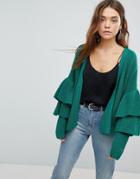 Only Ribbed Cardigan With Ruffle Sleeves - Green