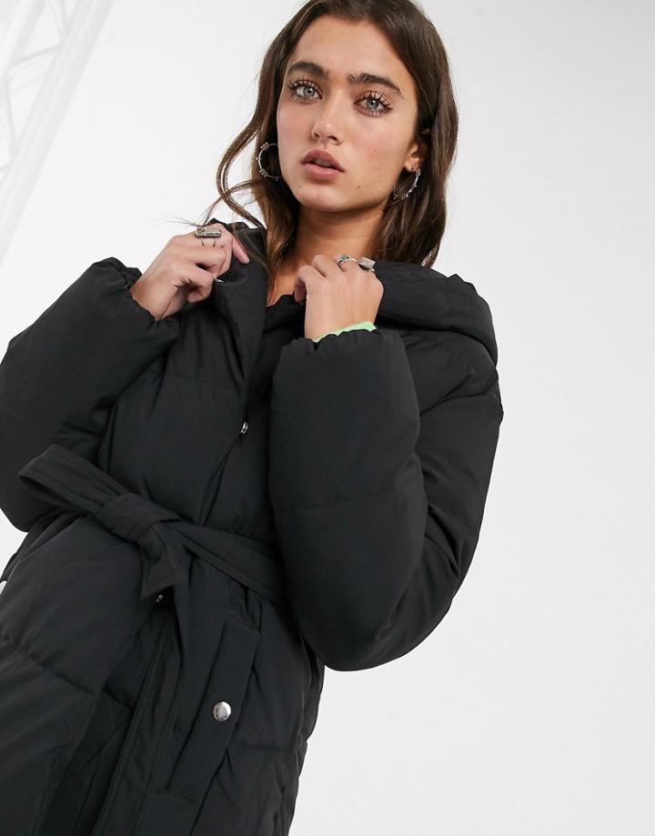 Bershka Puffer Coat With Belt In Black