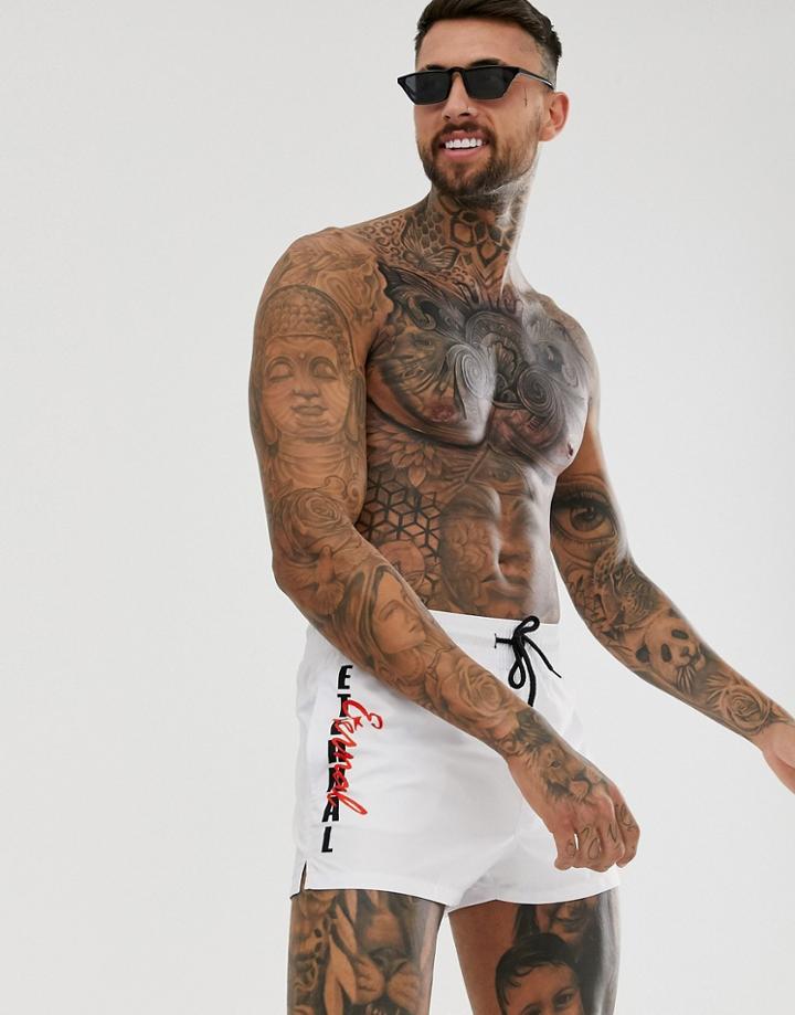 Asos Design Swim Shorts With Eternal Slogan In Super Short Length - White
