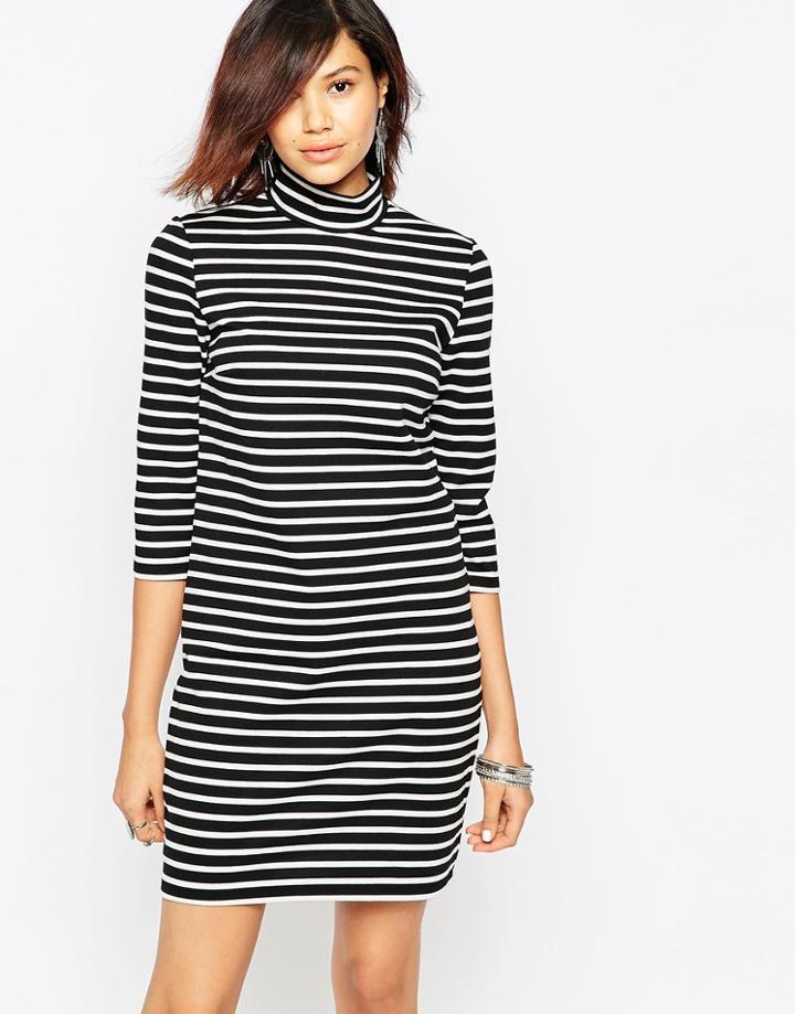 Only 3/4 Sleeve High Neck Striped Dress