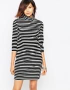 Only 3/4 Sleeve High Neck Striped Dress