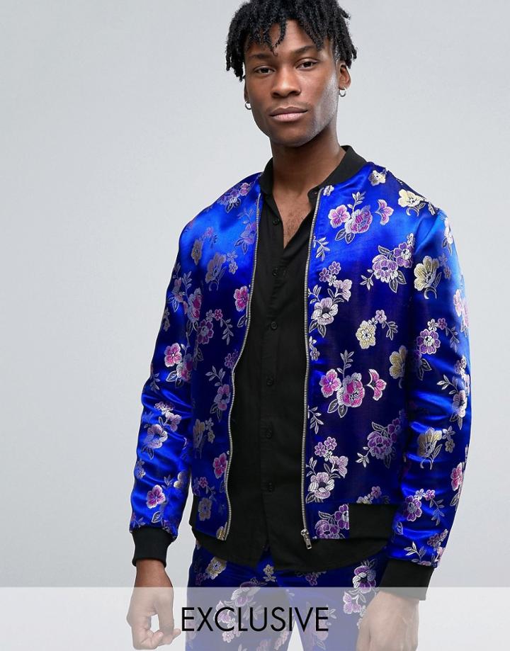 Reclaimed Vintage Brocade Bomber Jacket - Blue