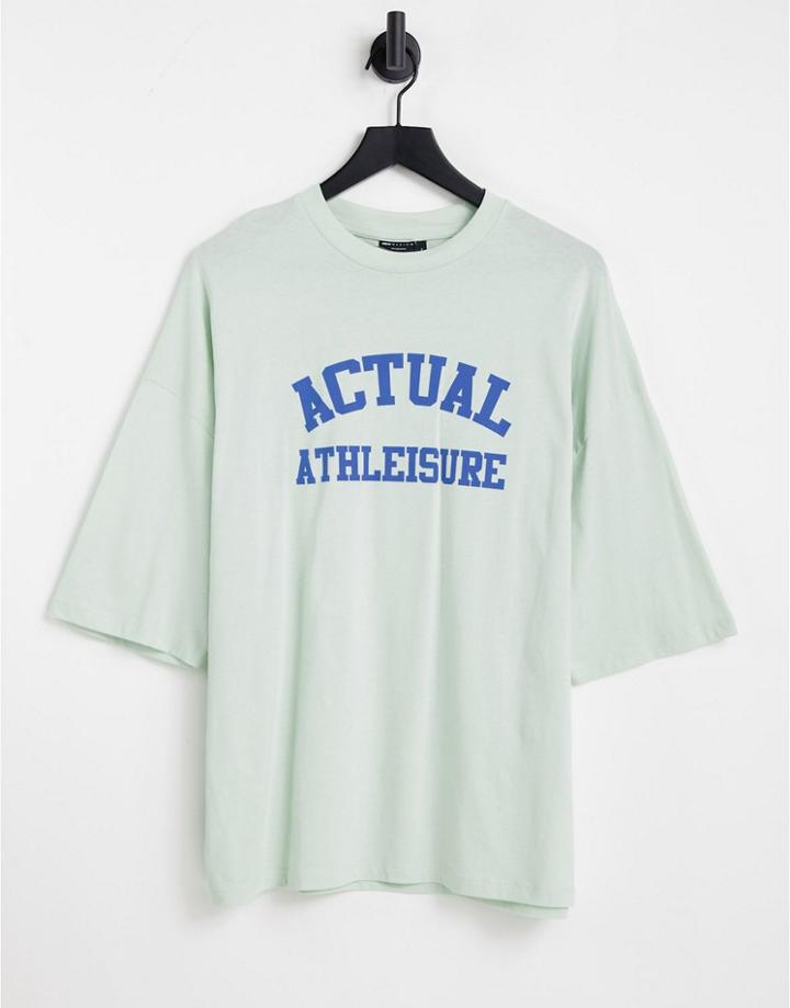 Asos Actual Athleisure Oversized T-shirt With Front Logo Print In Green