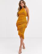 Asos Design Midi Dress With Tiered Fringing In Spiral Lace-yellow