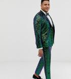 Asos Edition Plus Skinny Tuxedo Pants In Green Geo Patterned Sequins - Green