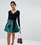 Asos Design Petite Scuba Mini Prom Skirt With Box Pleats In Velvet - Green