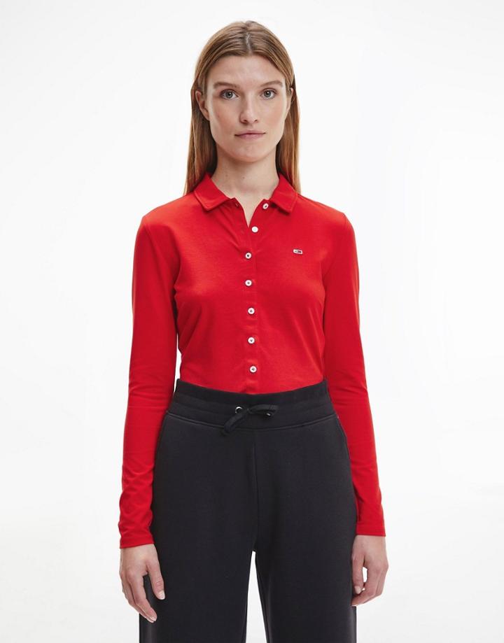 Tommy Jeans Long Sleeve Ribbed Polo Top In Red