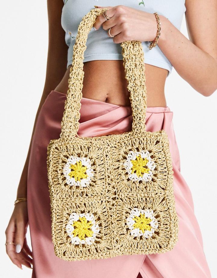Asos Design Crochet Straw Sunflower Tote In Natural-neutral
