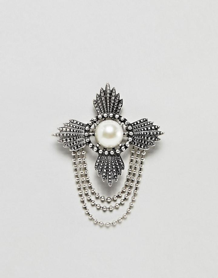 Asos Edition Ornate Brooch With Chains - Silver