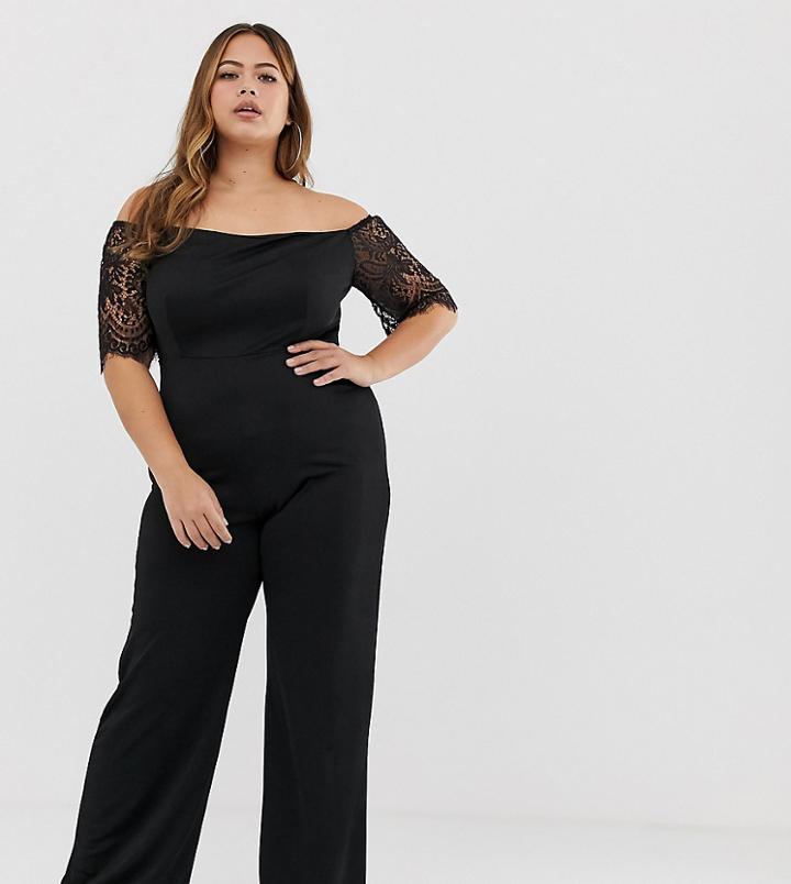 Club L Plus Crochet Sleeve Jumpsuit - Black