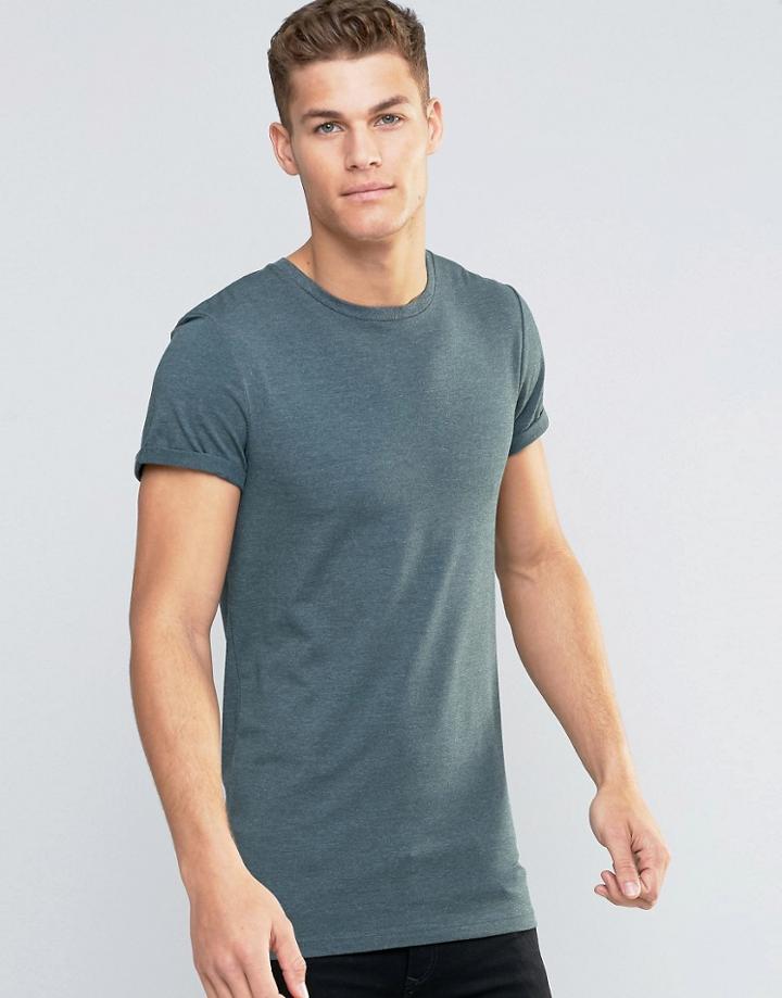 Asos Longline Muscle T-shirt With Roll Sleeve In Green Marl - Greengable Ml