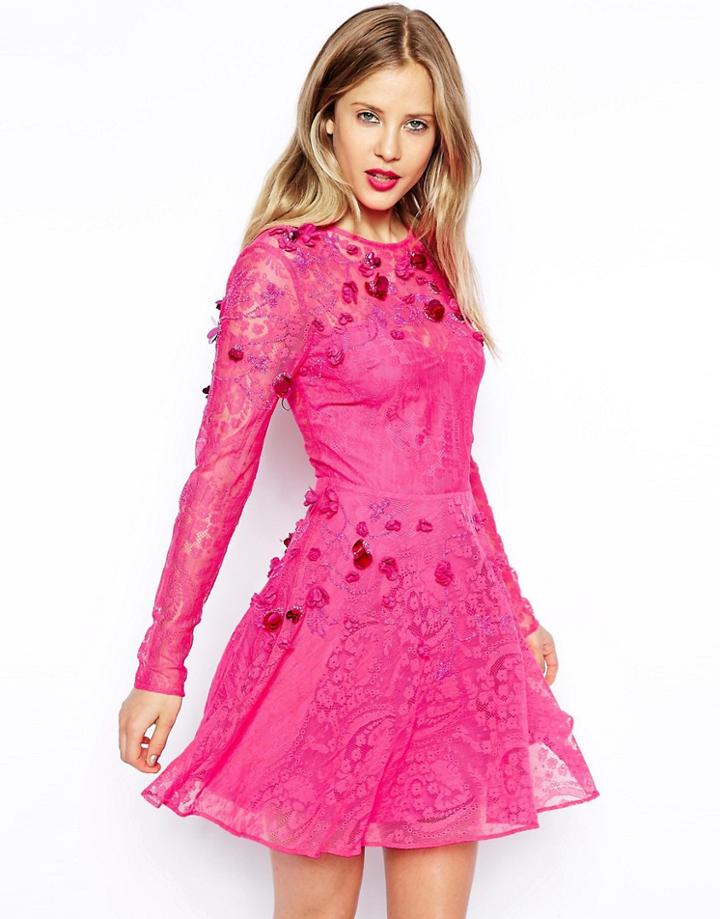 Asos Lace Floral Embellished Skater Dress - Multi