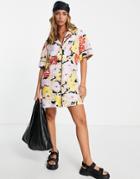 Topshop Floral Print Souvenir Shirt Dress In Purple And Red-multi