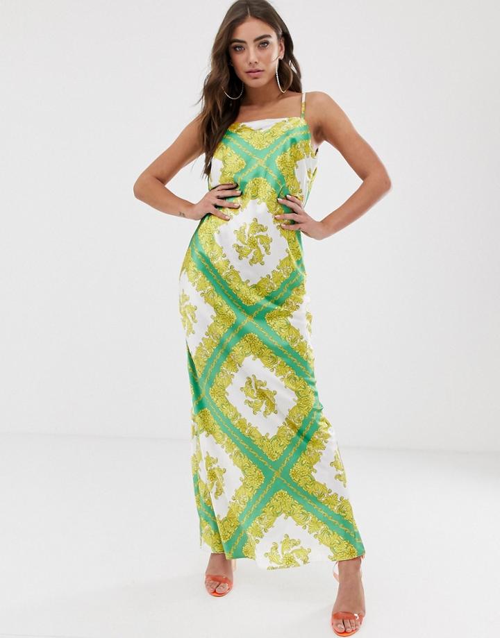 John Zack Satin Maxi Dress With Cowl Back In Scarf Print - Multi