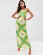 John Zack Satin Maxi Dress With Cowl Back In Scarf Print - Multi