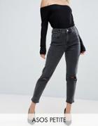 Asos Petite Farleigh Slim Mom Jeans In Washed Black With Busted Knees - Black