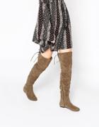 Daisy Street Mushroom Over The Knee Tie Back Flat Boots - Mushroom