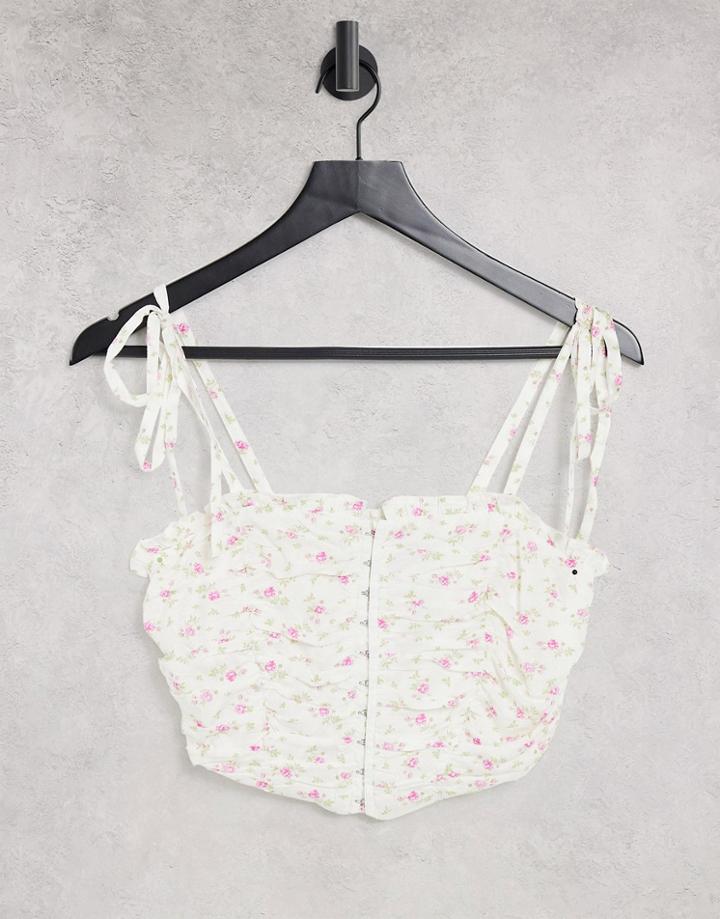 Asos Design Ruched Front Cami With Hook And Eye Detail In White And Pink Floral Print-multi