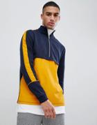 Asos Design Sweatshirt With Half Zip And Woven Panel - Navy