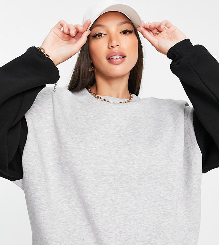 Asos Design Tall Cocoon Sweatshirt With Contrast Sleeve In Gray Heather-grey