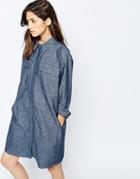 Asos Oversized Shirt Dress In Textured Denim - Mid Stonewash